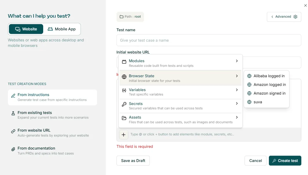 Select browser State in test creation