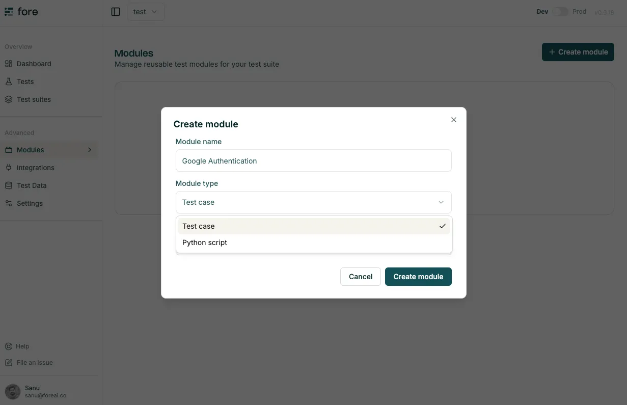 Create module dialog