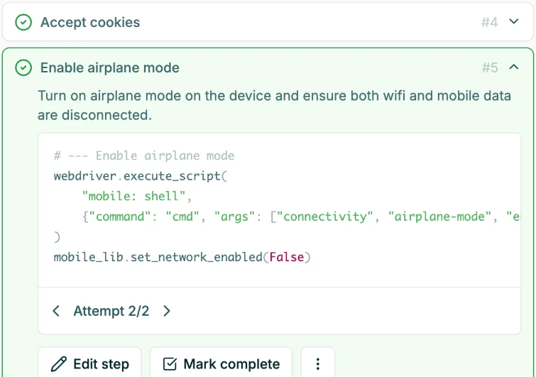 Enable airplane mode step with generated code