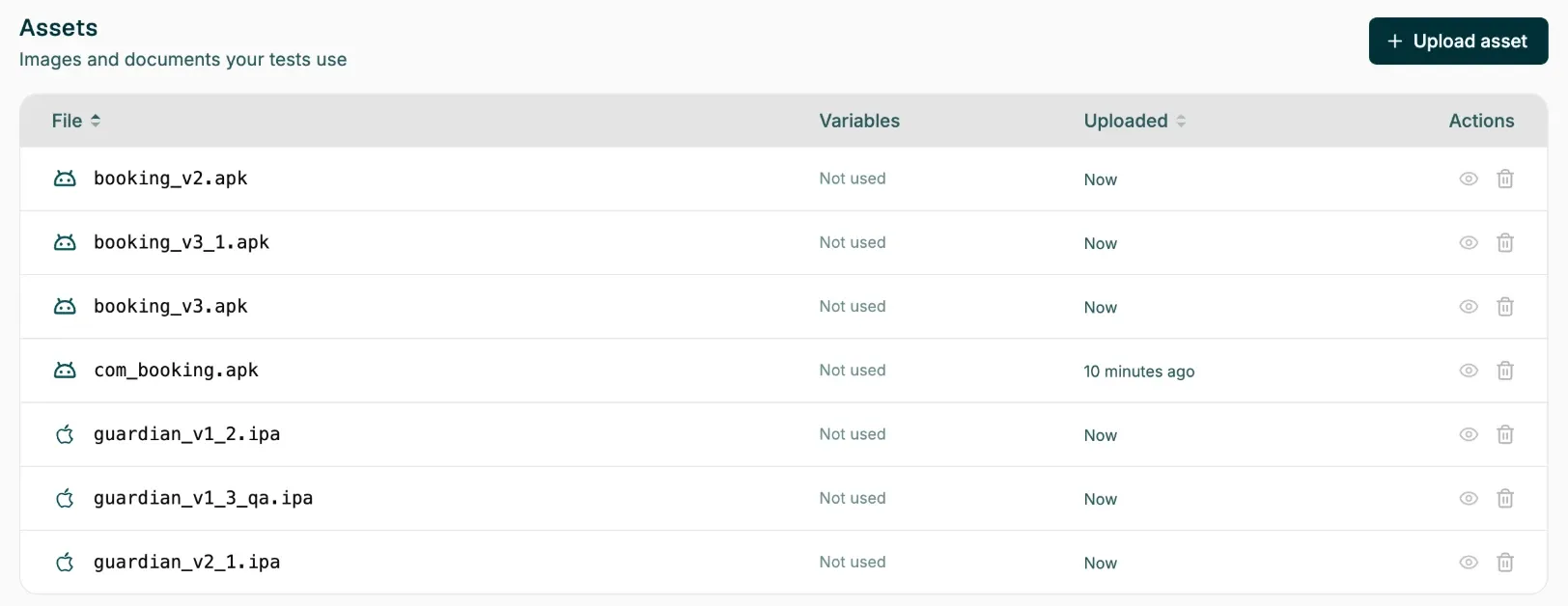 Uploaded app builds in Assets