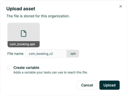 Upload asset dialog with an Android build selected