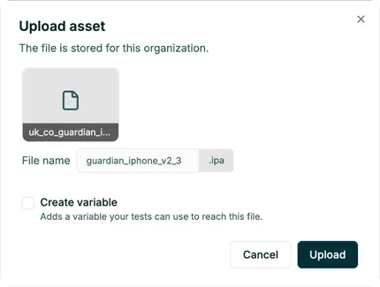 Upload asset dialog with an iOS build selected