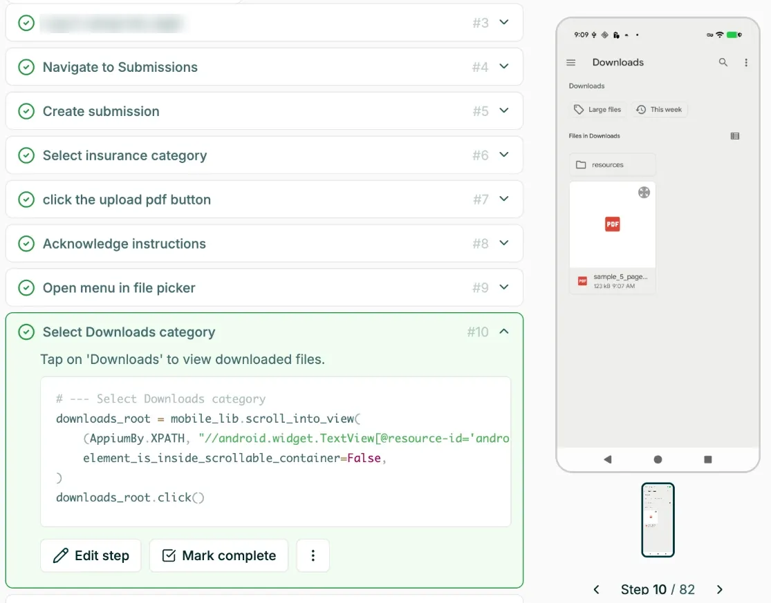 File picker steps with the device Downloads folder