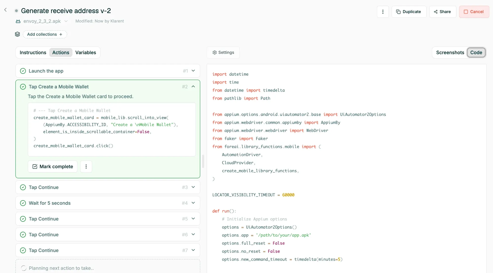 Generated code of a mobile test
