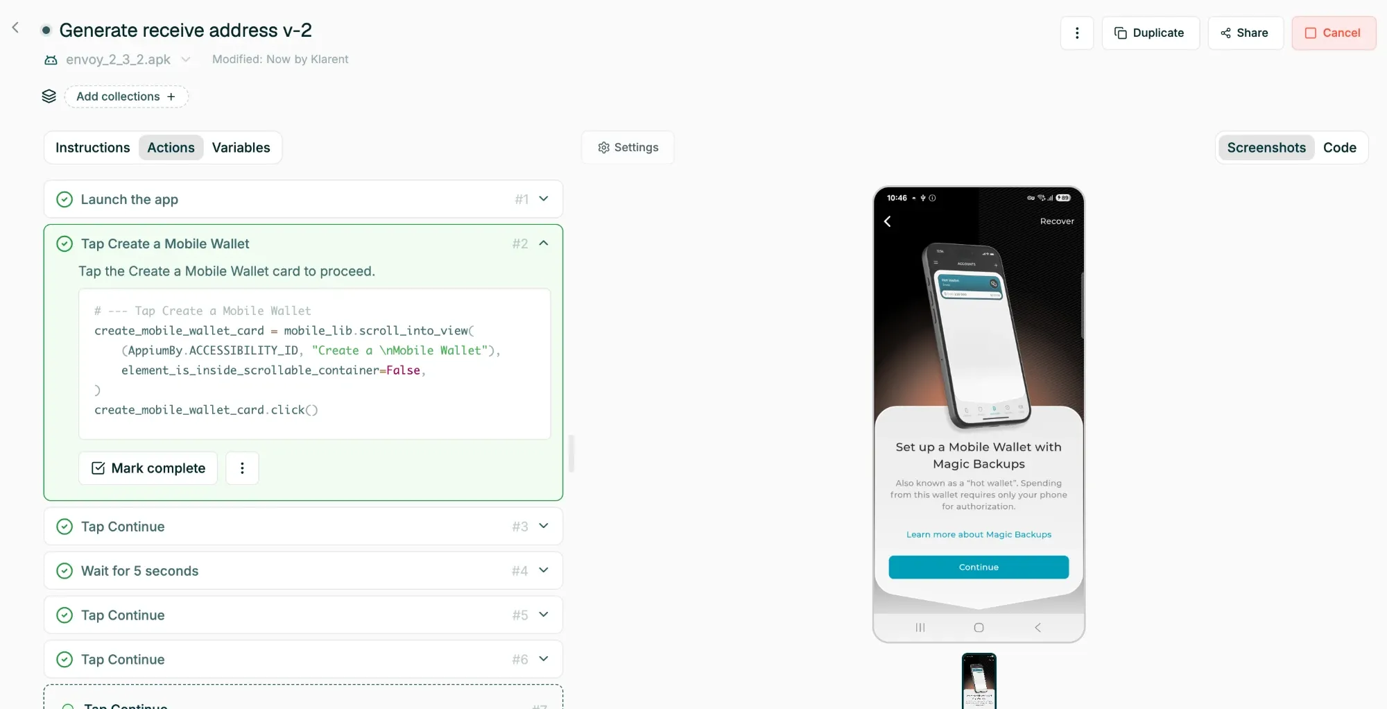 Mobile test steps with device screenshots