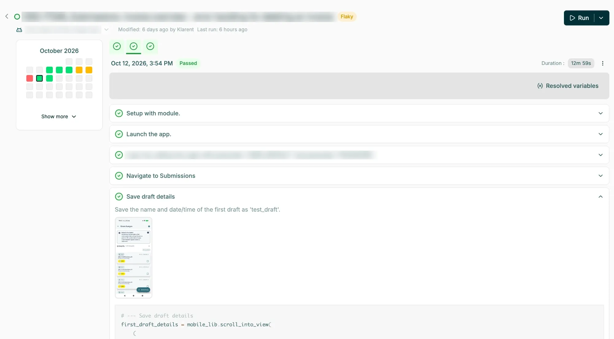Mobile test run with step-by-step screenshots and code