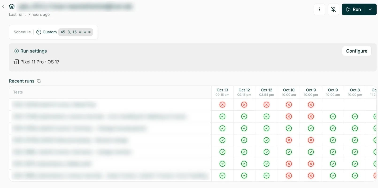Collection run settings showing the selected device