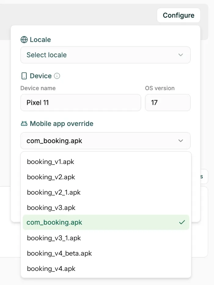Selecting a different app build for a run
