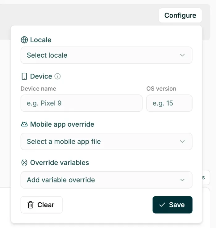 Run settings options for mobile tests