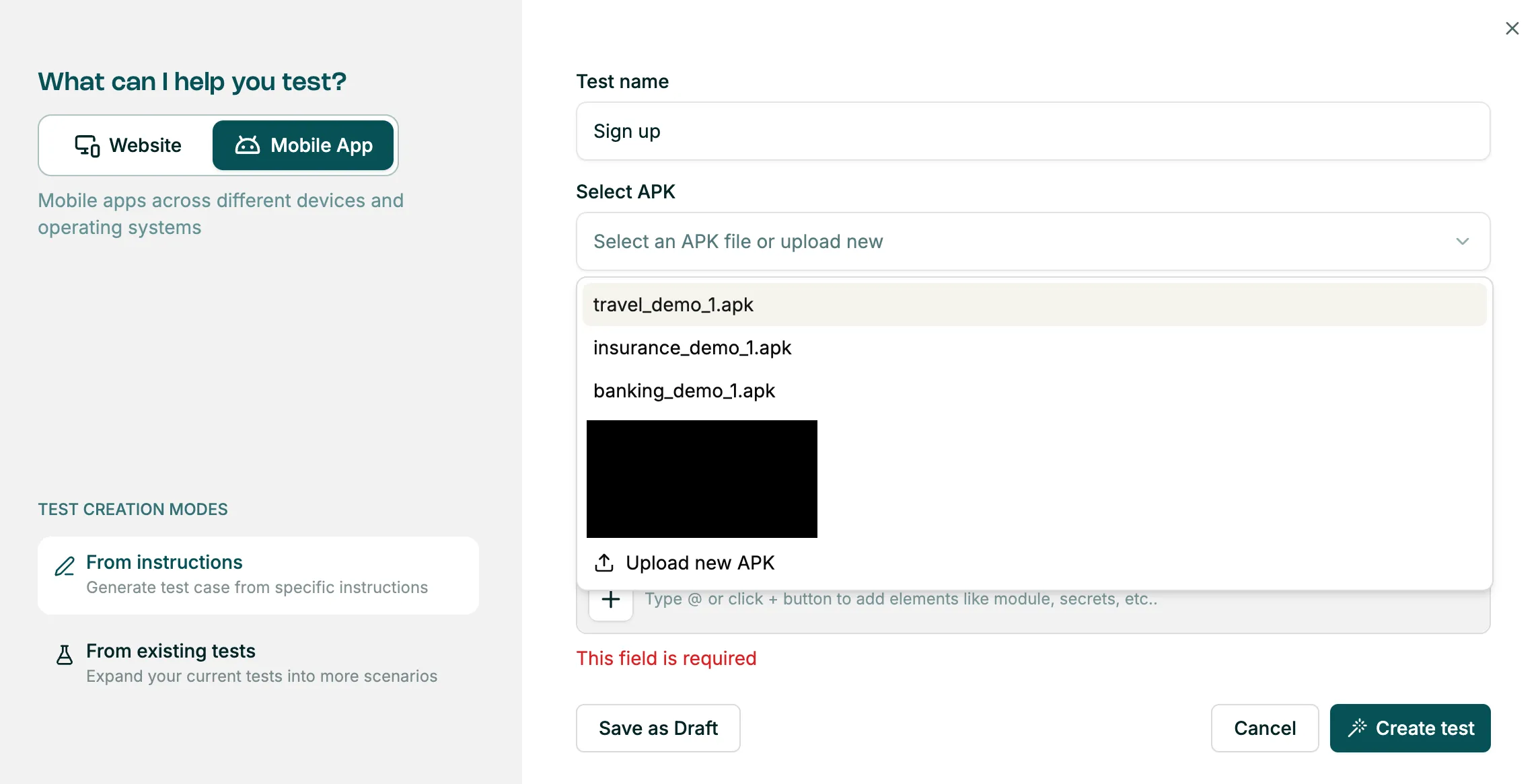 Mobile test creation — toggle and APK selection