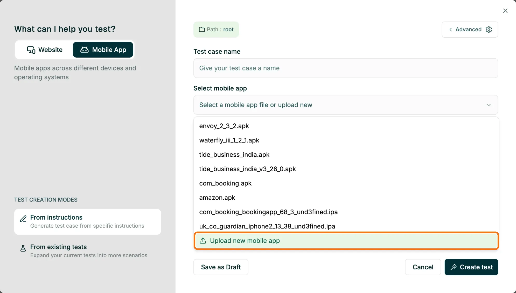 Upload new mobile app option in the test creation dialog