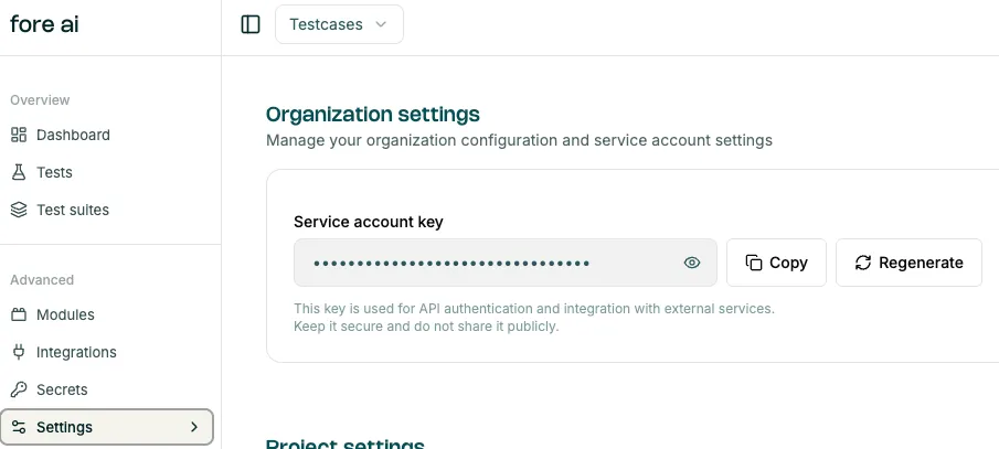 Service account key in Settings