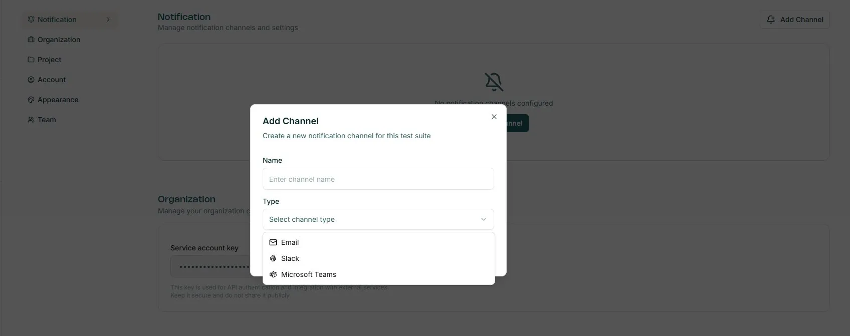 Add Channel modal — select channel type