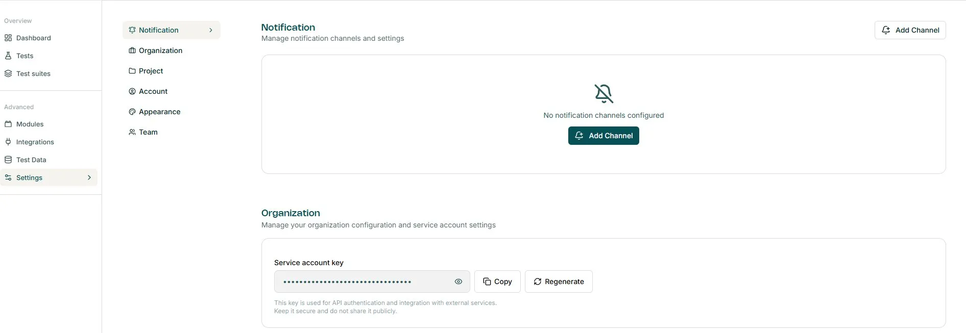 Notification settings — no channels configured