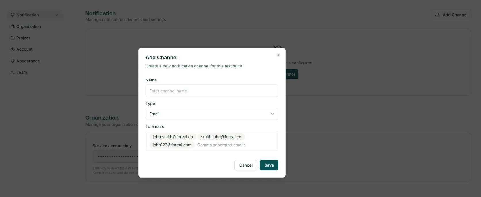 Add Channel modal — Email type with recipient addresses