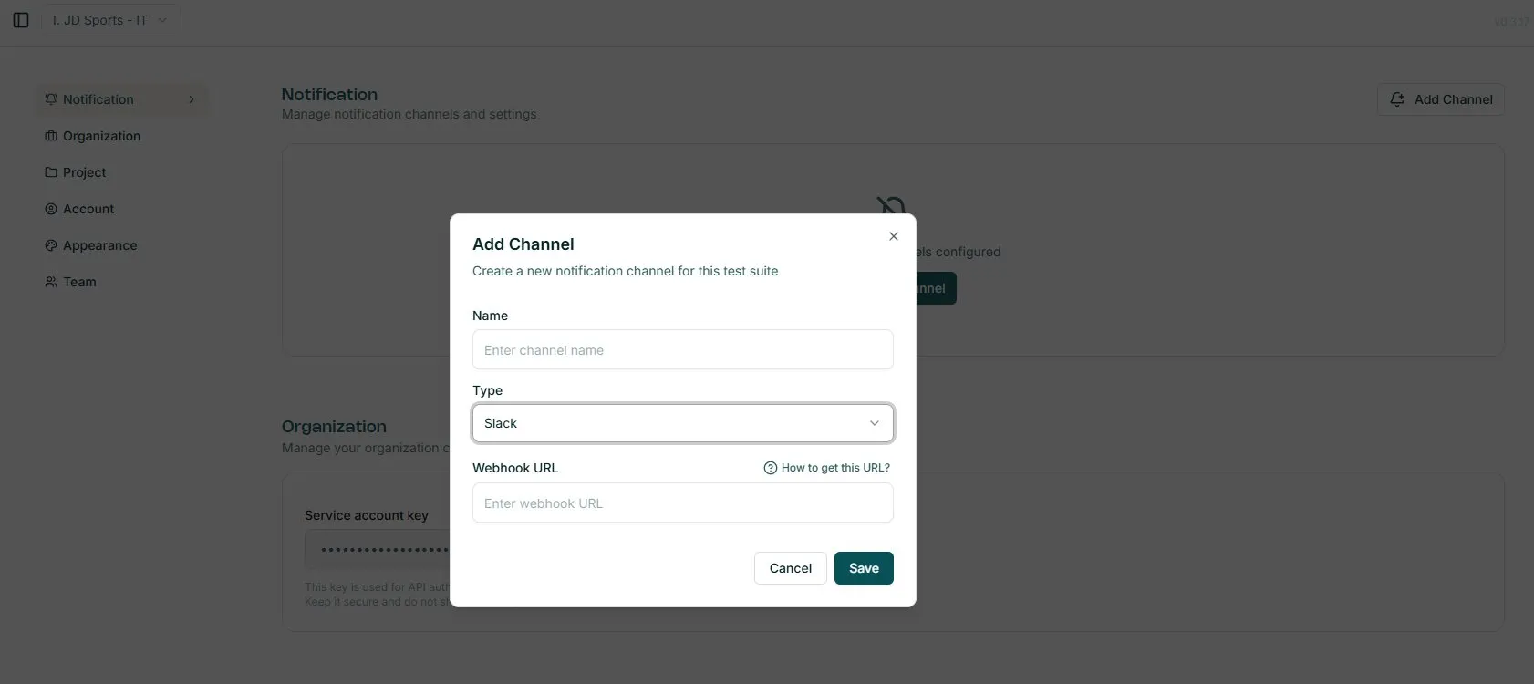 Add Channel modal — Slack type with webhook URL field