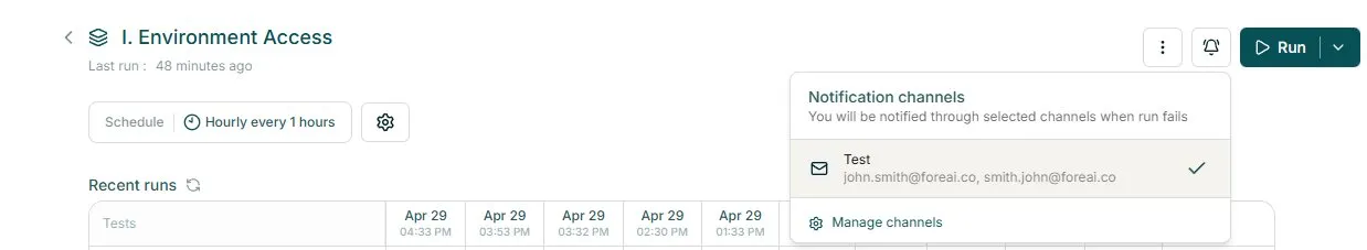 Email channel selected in notification channels popover