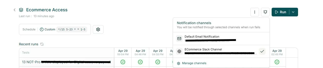 Slack channel selected in notification channels popover