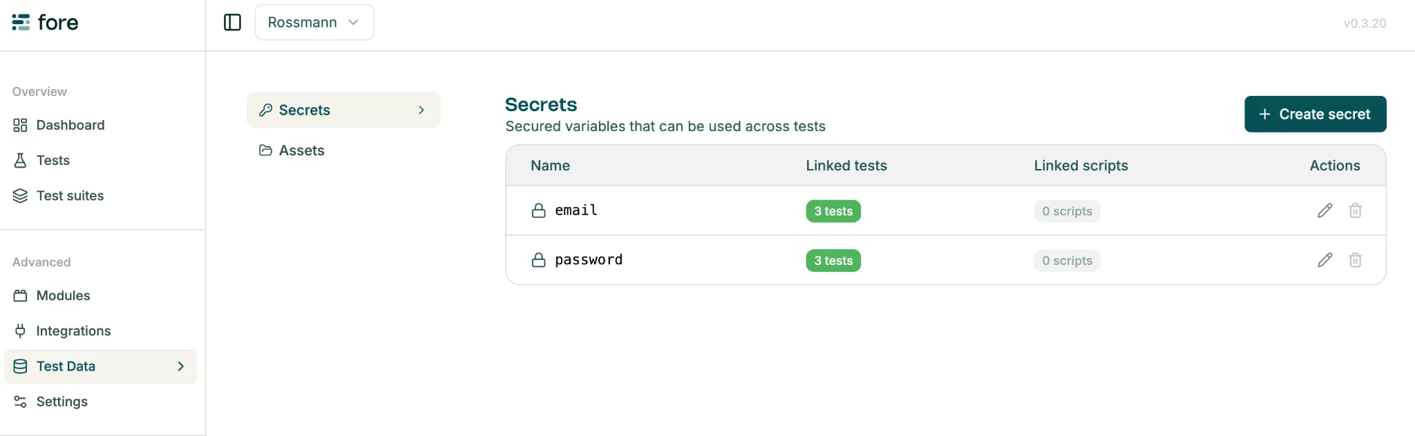 Create secret from test data page
